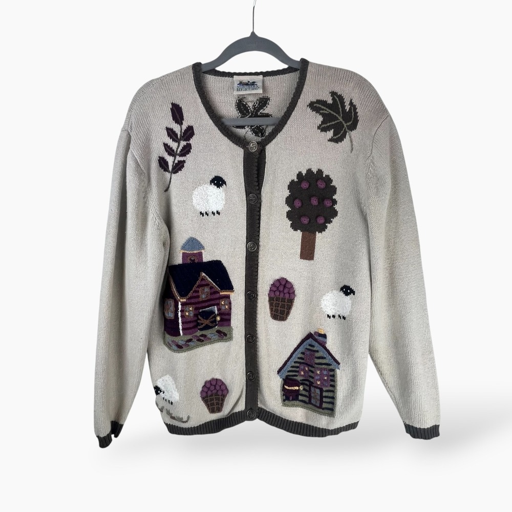 Northern Reflections Vintage Sheep Teacher School Cardigan Sweater Medium Beige